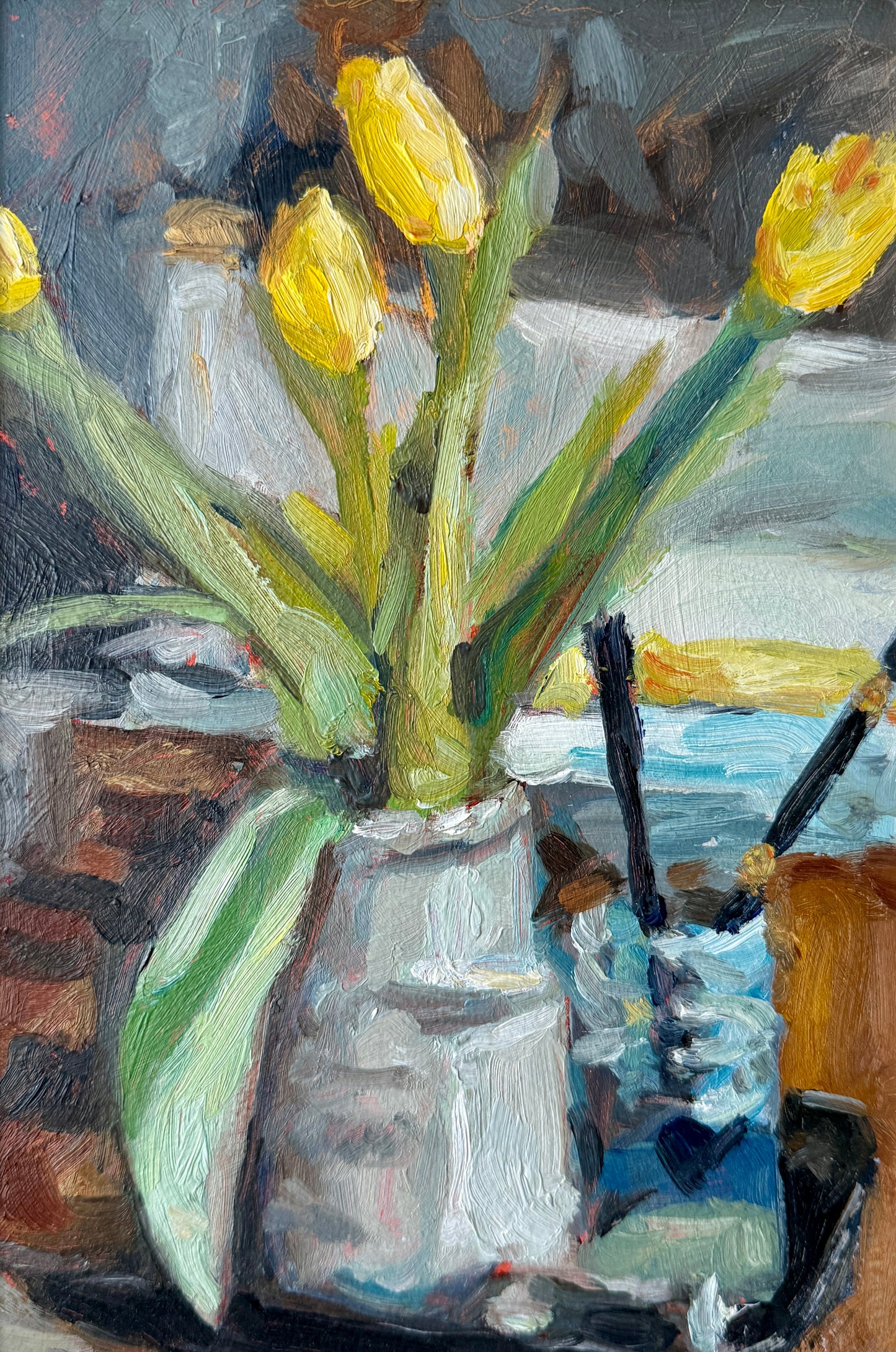 Matthew Reinert Yellow Tulips in January Still Life Oil Painting in Gold Frame