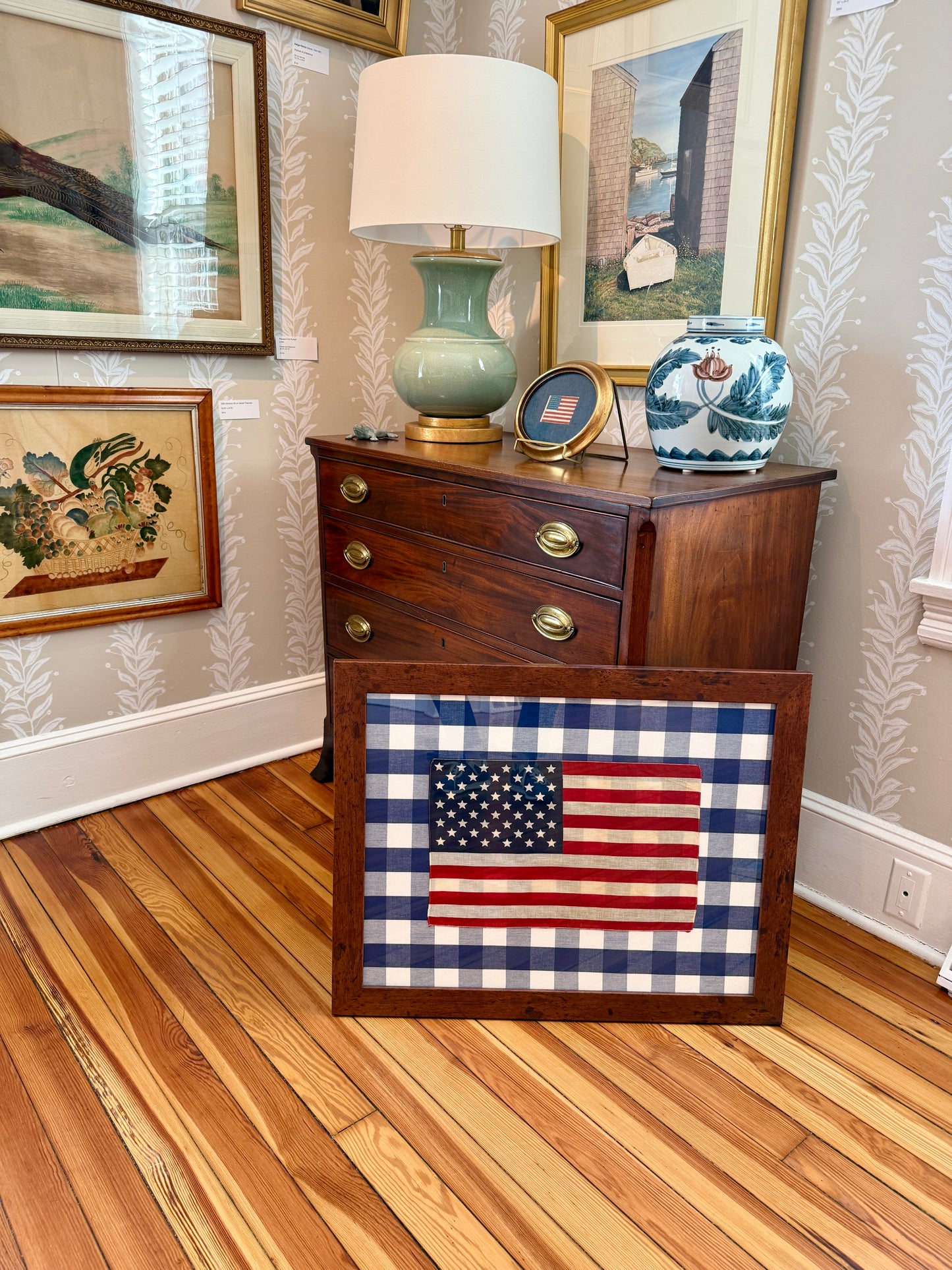 Vintage 50 Staggered Star American Flag on on Navy Blue Gingham in Wood Frame