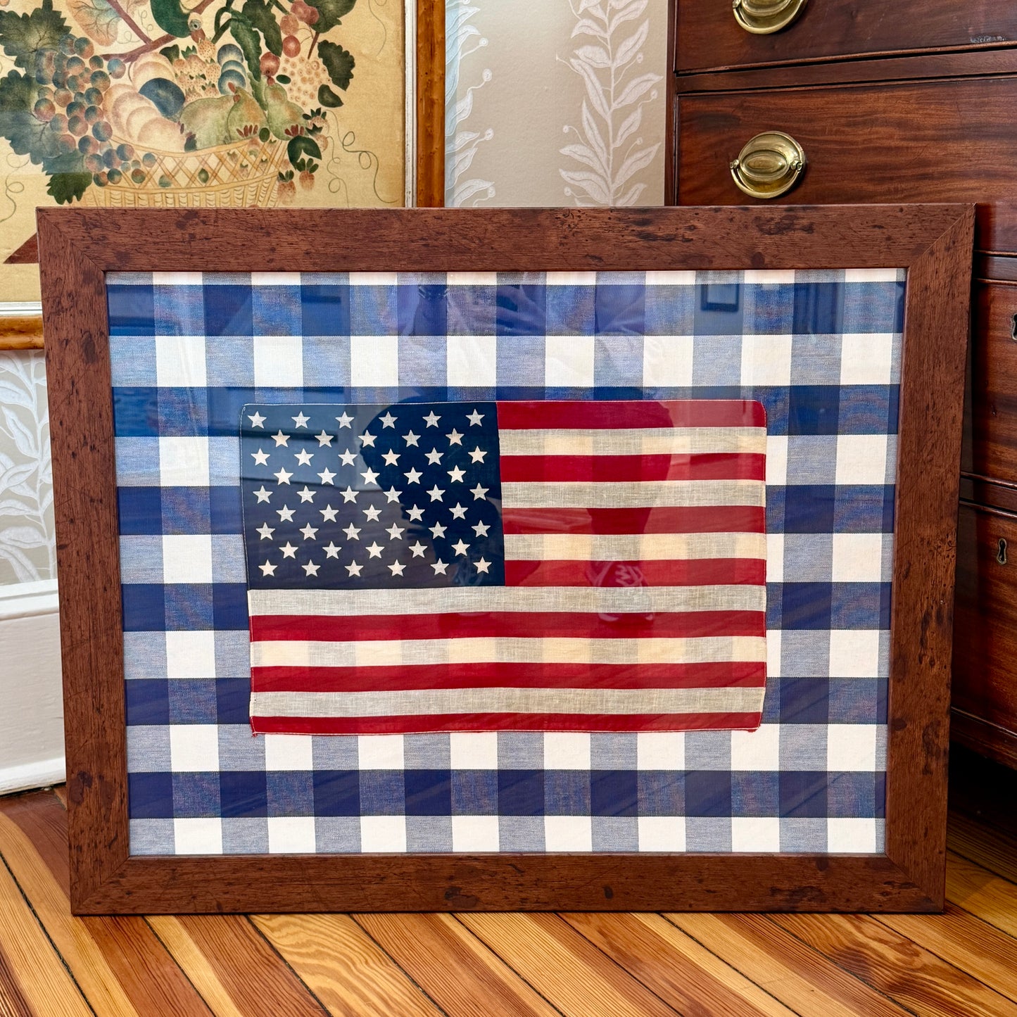 Vintage 50 Staggered Star American Flag on on Navy Blue Gingham in Wood Frame