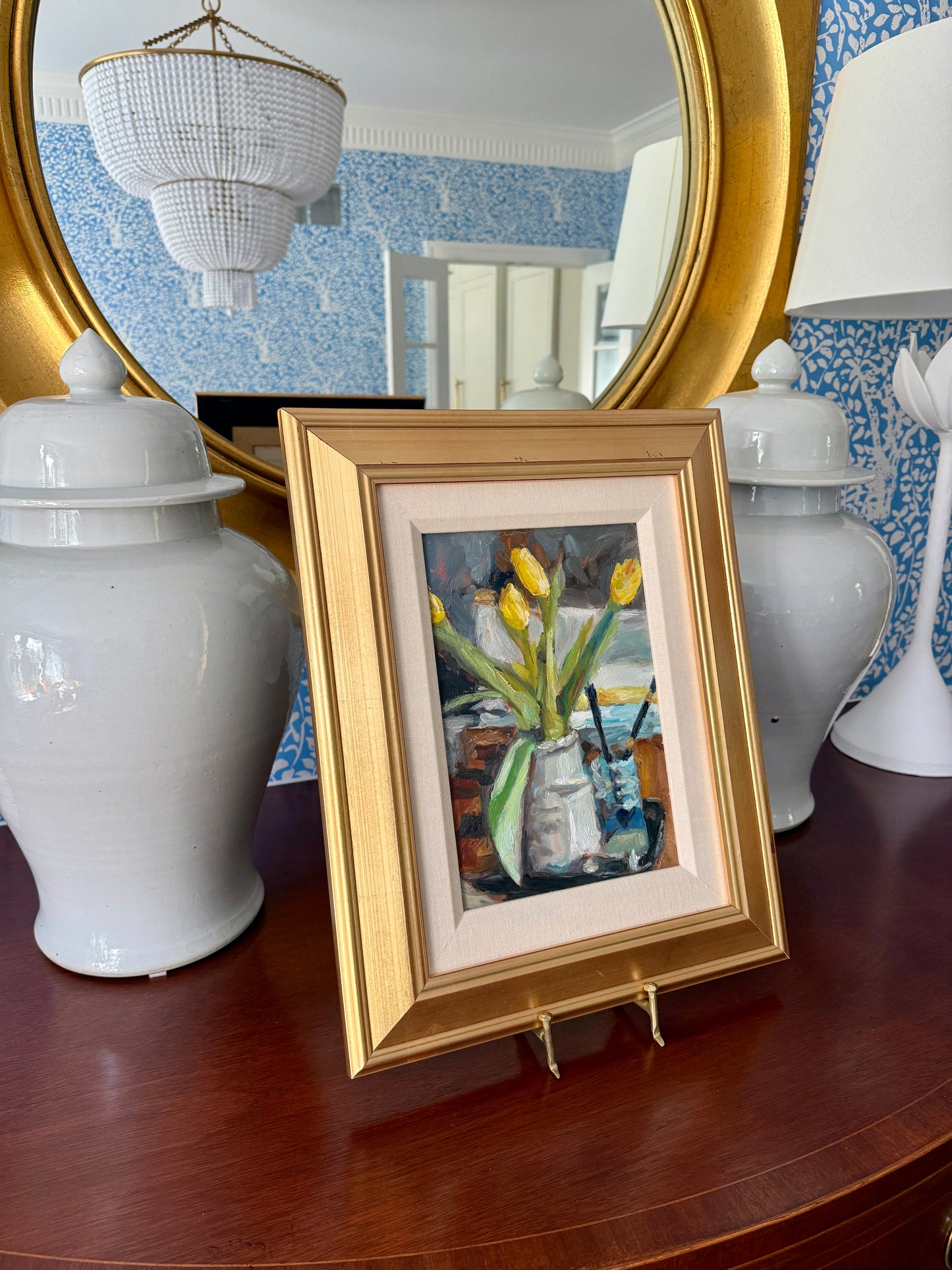 Matthew Reinert Yellow Tulips in January Still Life Oil Painting in Gold Frame