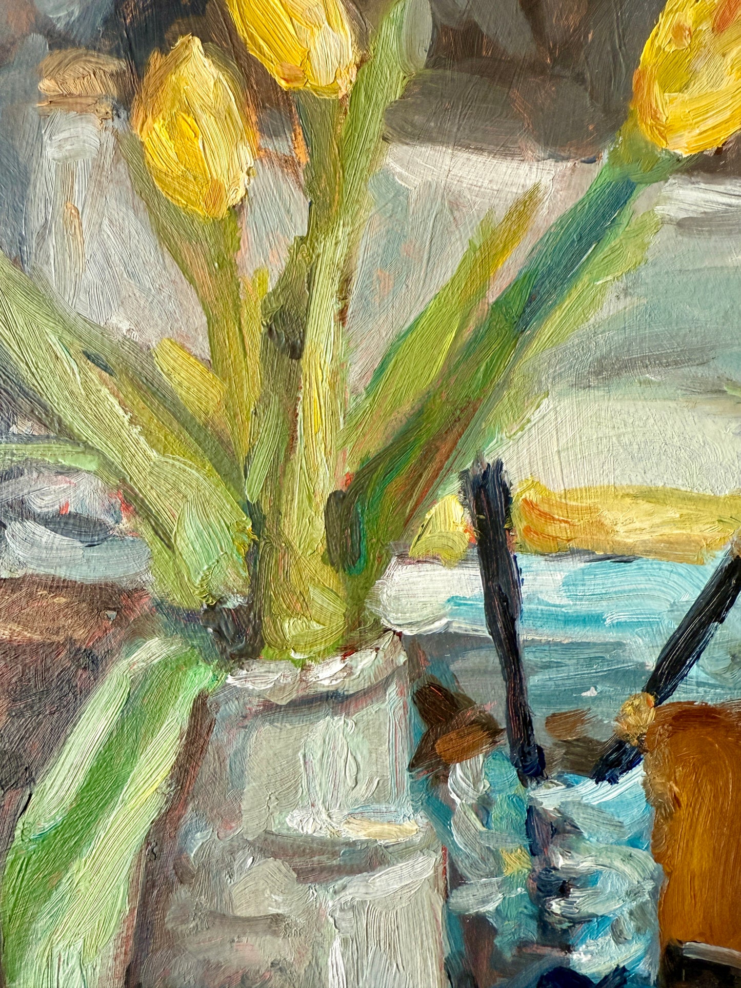 Matthew Reinert Yellow Tulips in January Still Life Oil Painting in Gold Frame