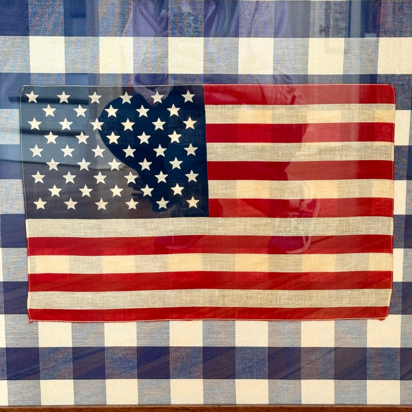 Vintage 50 Staggered Star American Flag on on Navy Blue Gingham in Wood Frame