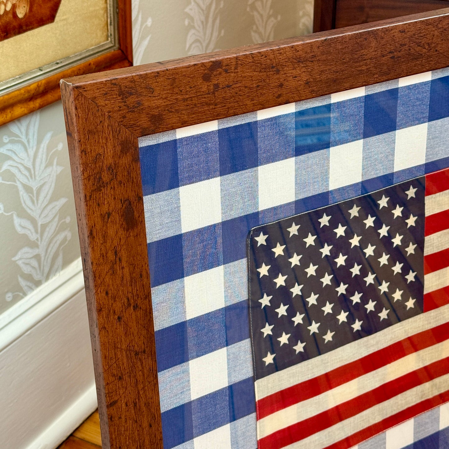 Vintage 50 Staggered Star American Flag on on Navy Blue Gingham in Wood Frame