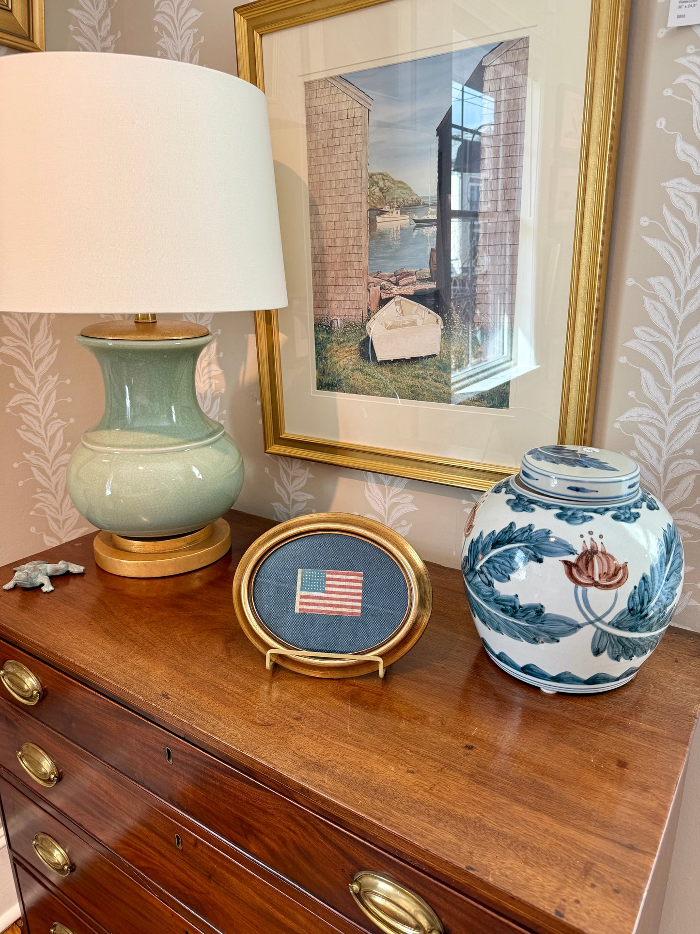 Antique 48 Star Glazed Cotton American Parade Flag on Blue Twill in Gold Oval Frame