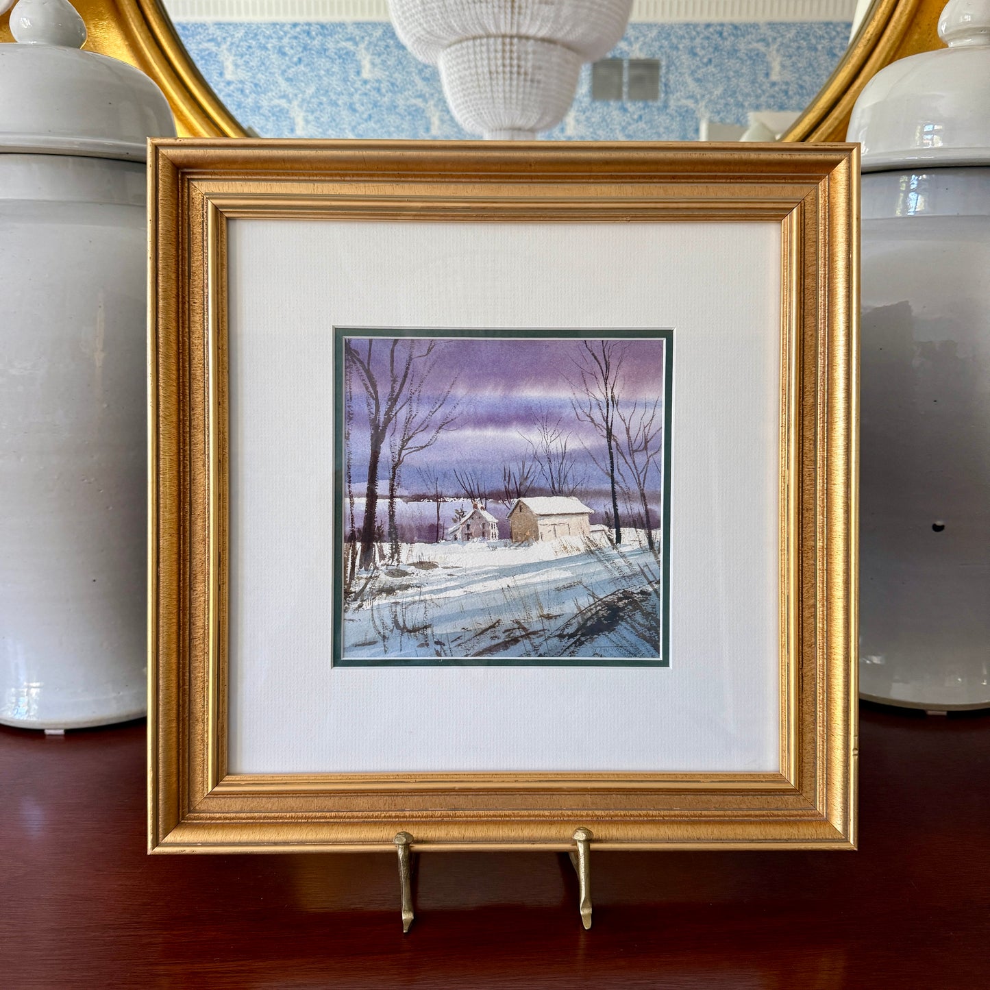 Thomas Newnam Chester County Pennsylvania Landscape Purple Sky Farm House Watercolor in Gold Frame