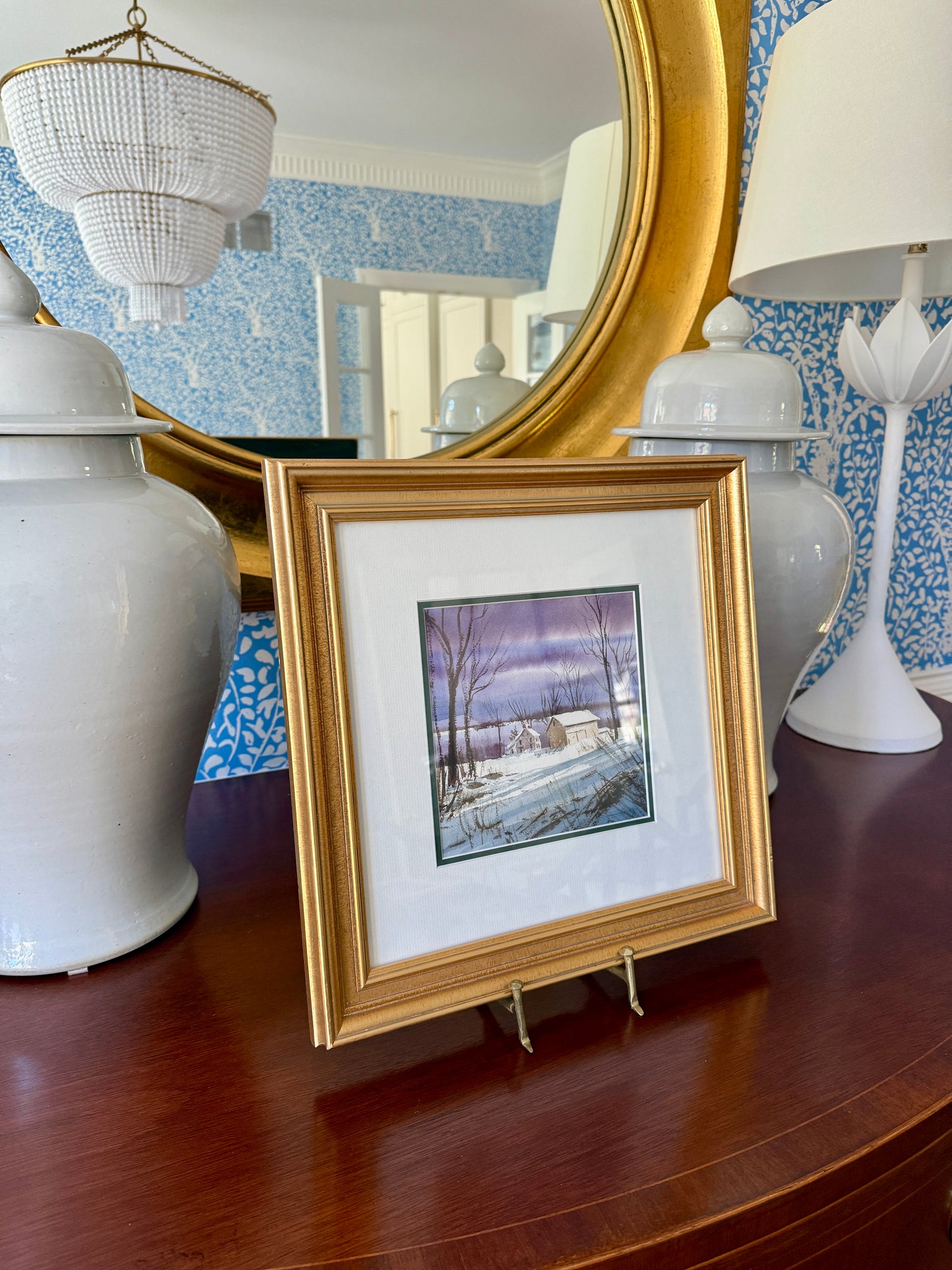 Thomas Newnam Chester County Pennsylvania Landscape Purple Sky Farm House Watercolor in Gold Frame