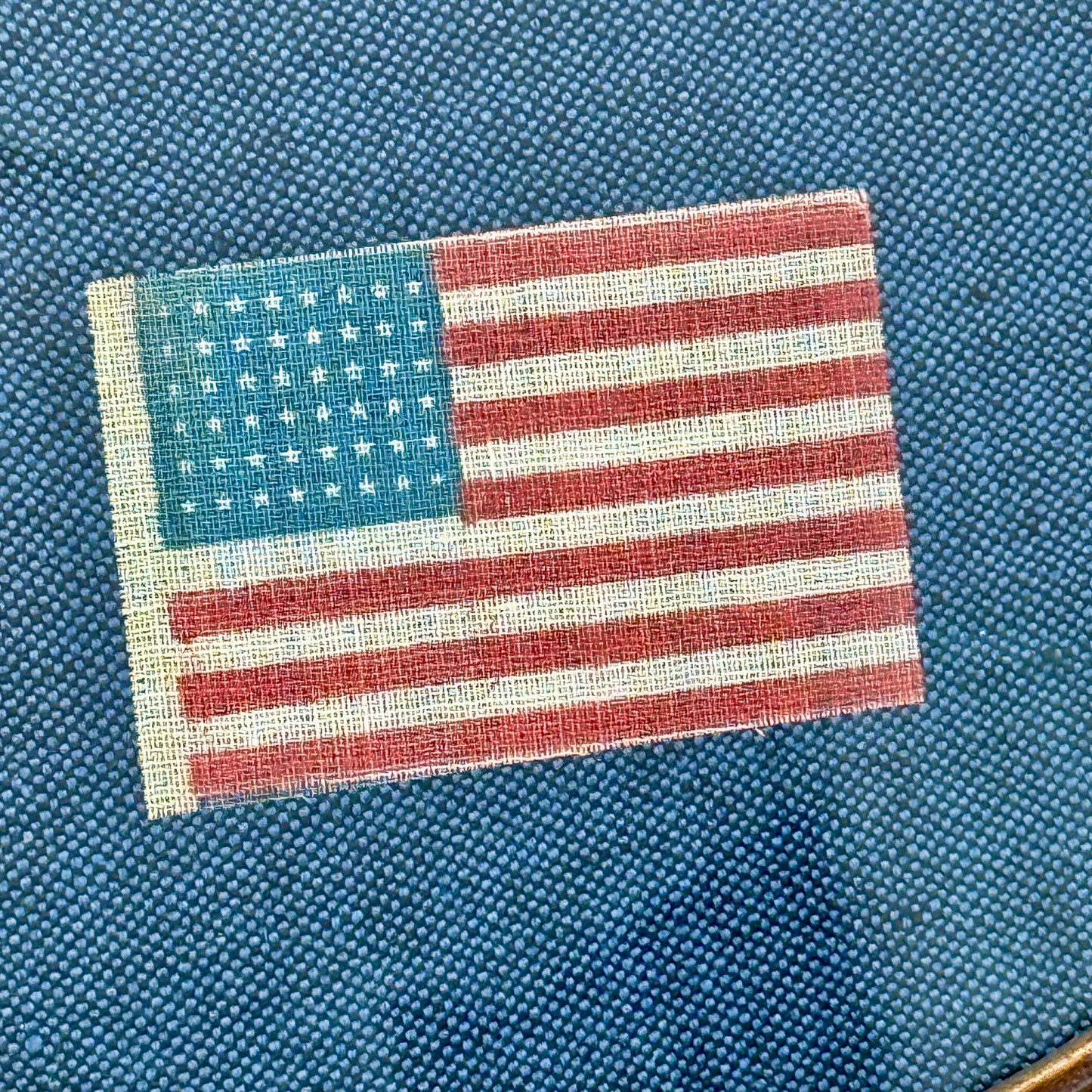 Antique 48 Star Glazed Cotton American Parade Flag on Blue Twill in Gold Oval Frame