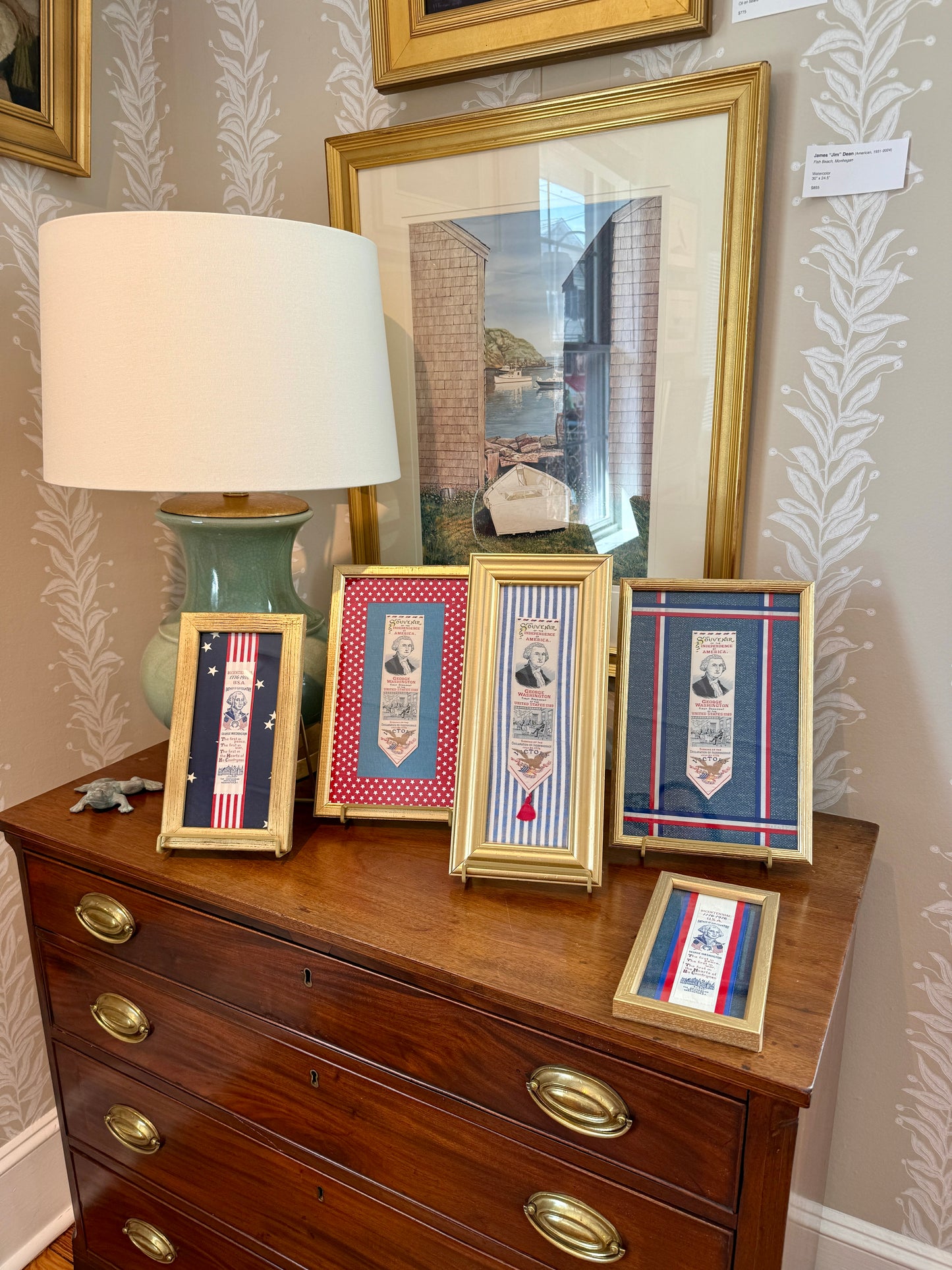 George Washingon Declaration of Independence Vintage Woven Bookmark on Blue Ticking Stripes in Gold Frame