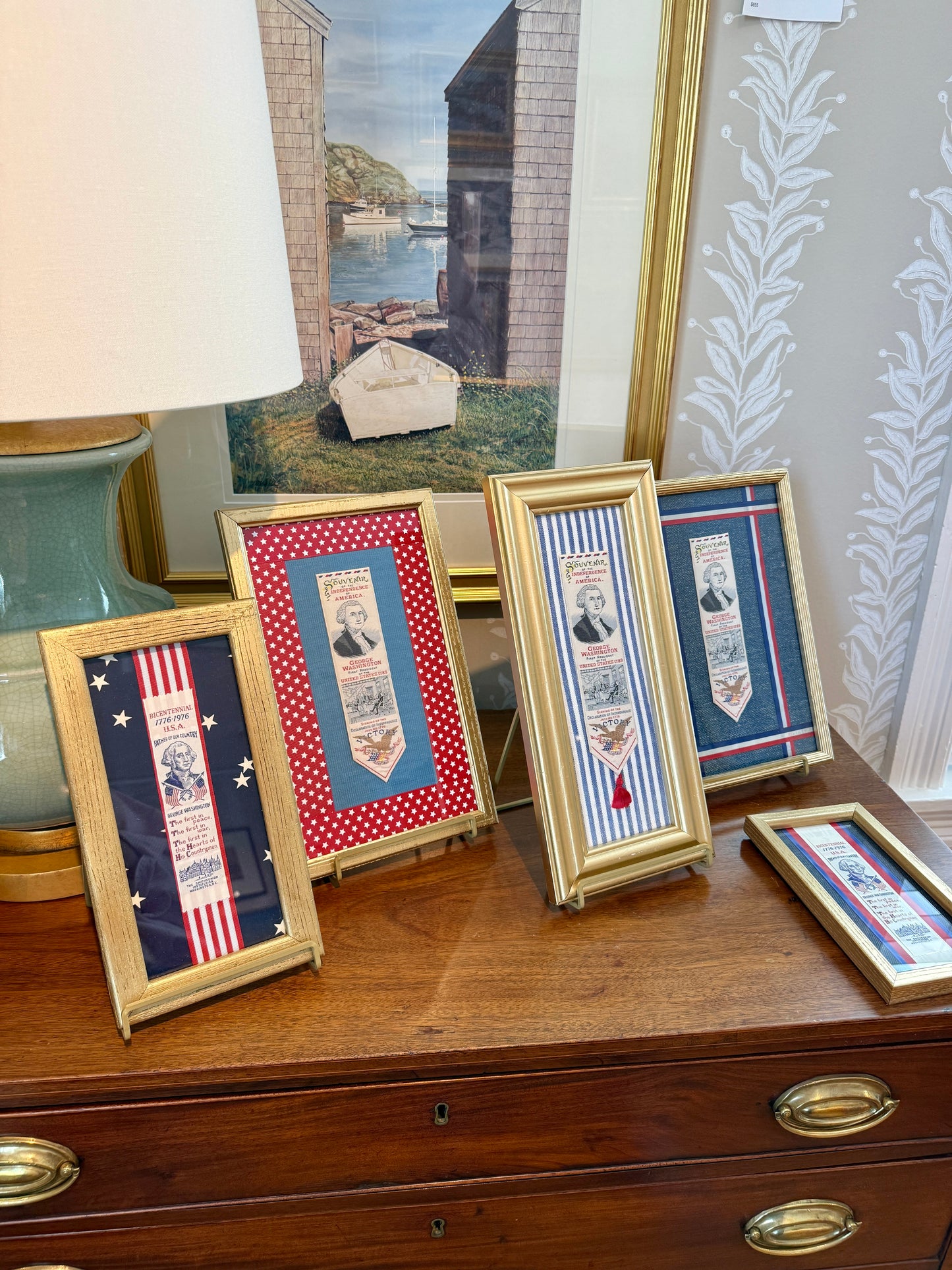 George Washingon Declaration of Independence Vintage Woven Bookmark on Blue Twill and Red Stars in Gold Frame