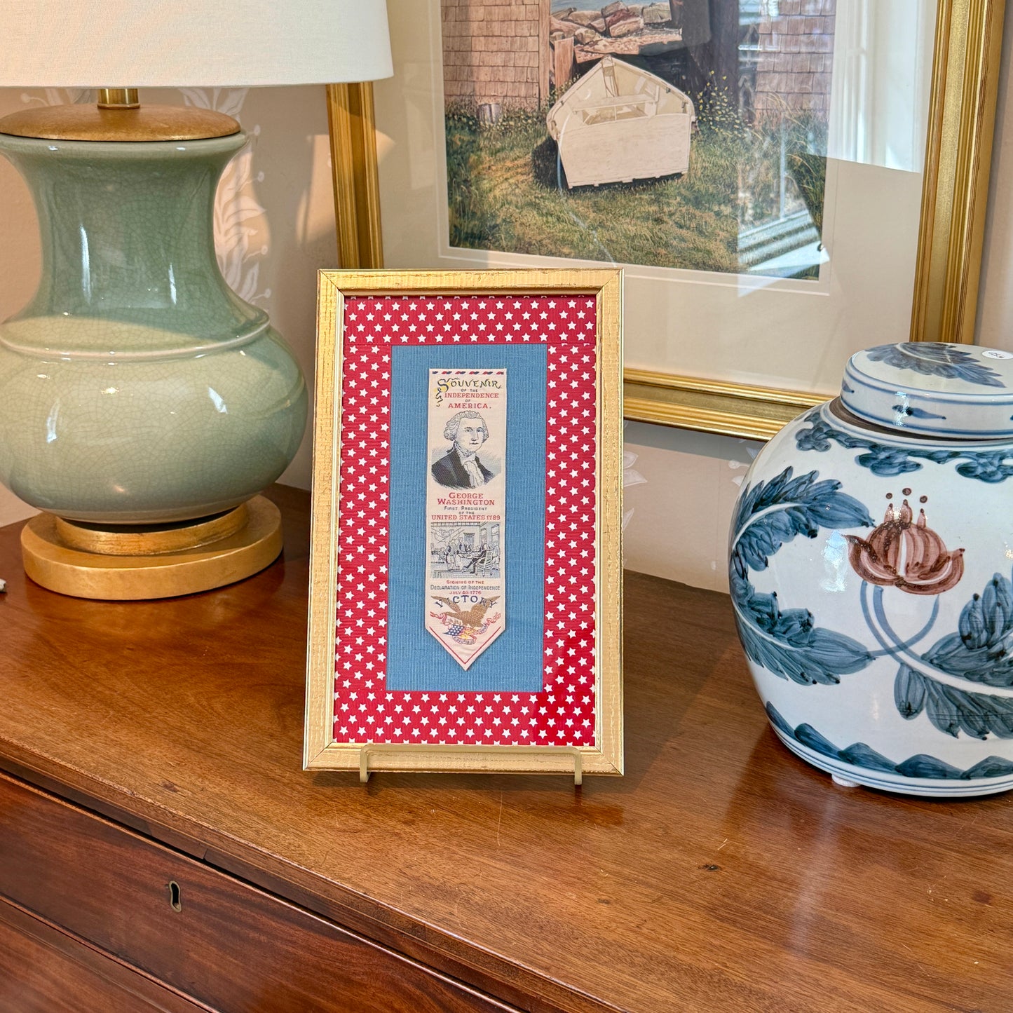 George Washingon Declaration of Independence Vintage Woven Bookmark on Blue Twill and Red Stars in Gold Frame