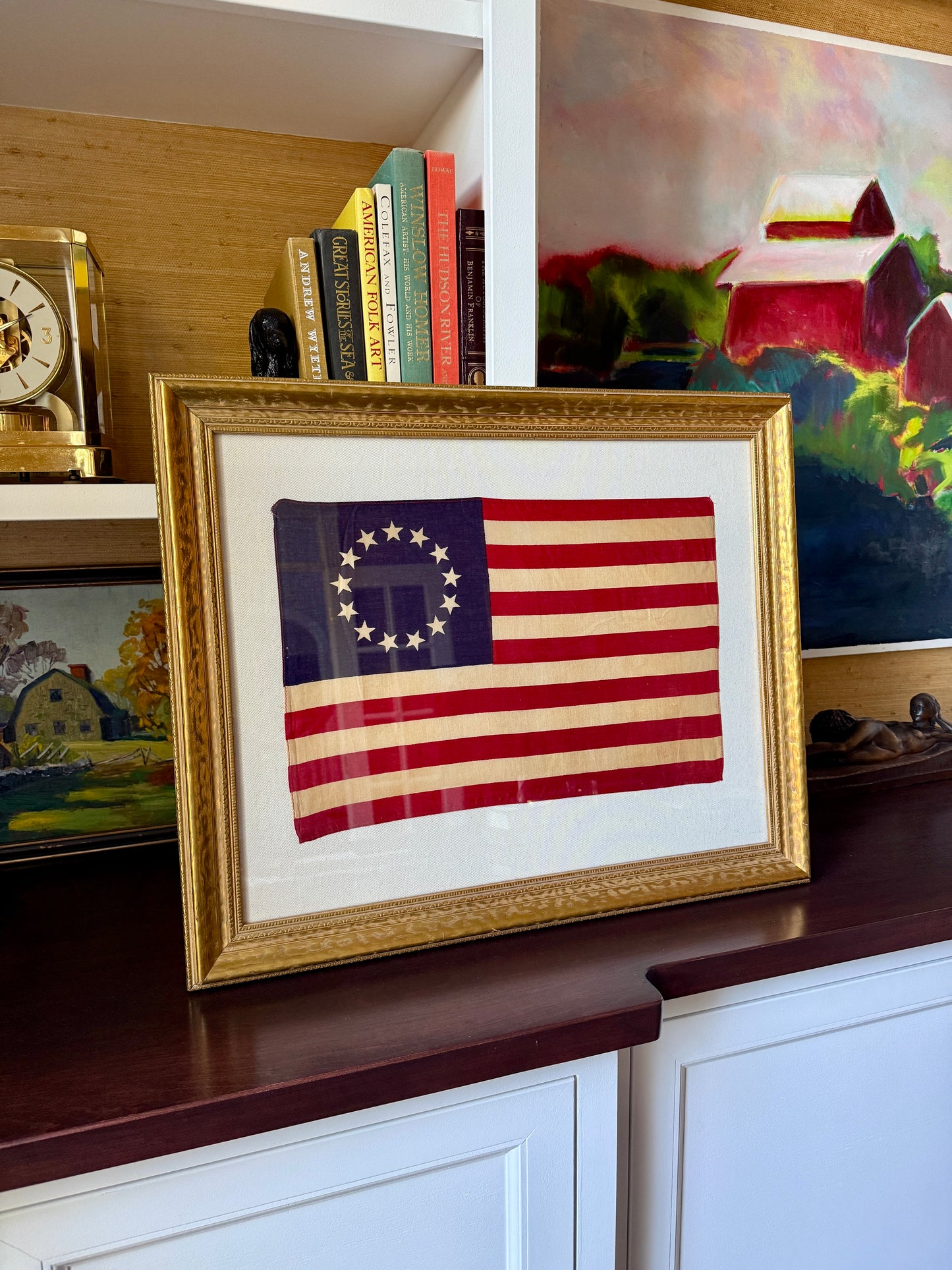 Vintage Betsy Ross 13 Star Flag on Ivory Twill in Vintage Hammered Gold Frame