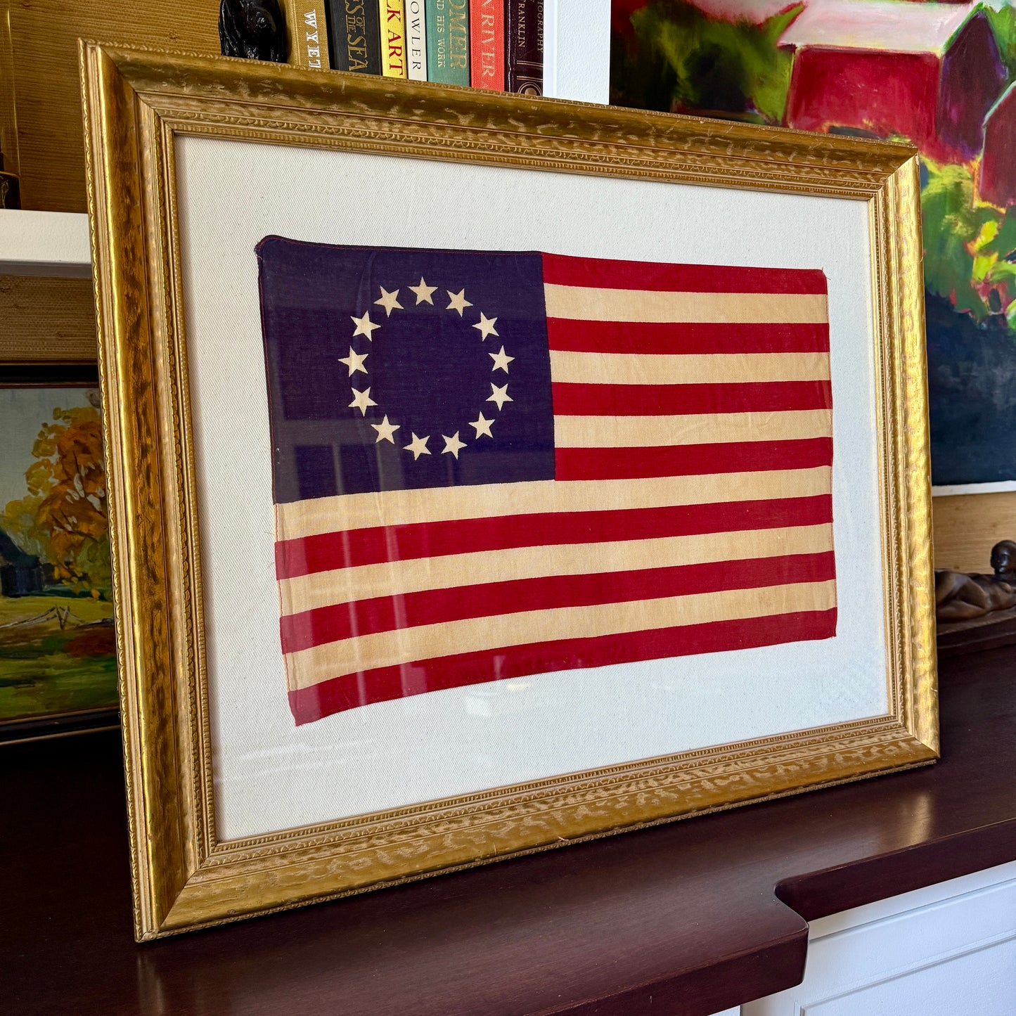 Vintage Betsy Ross 13 Star Flag on Ivory Twill in Vintage Hammered Gold Frame