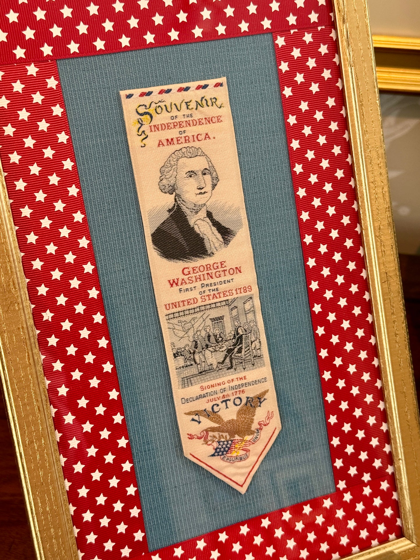 George Washingon Declaration of Independence Vintage Woven Bookmark on Blue Twill and Red Stars in Gold Frame