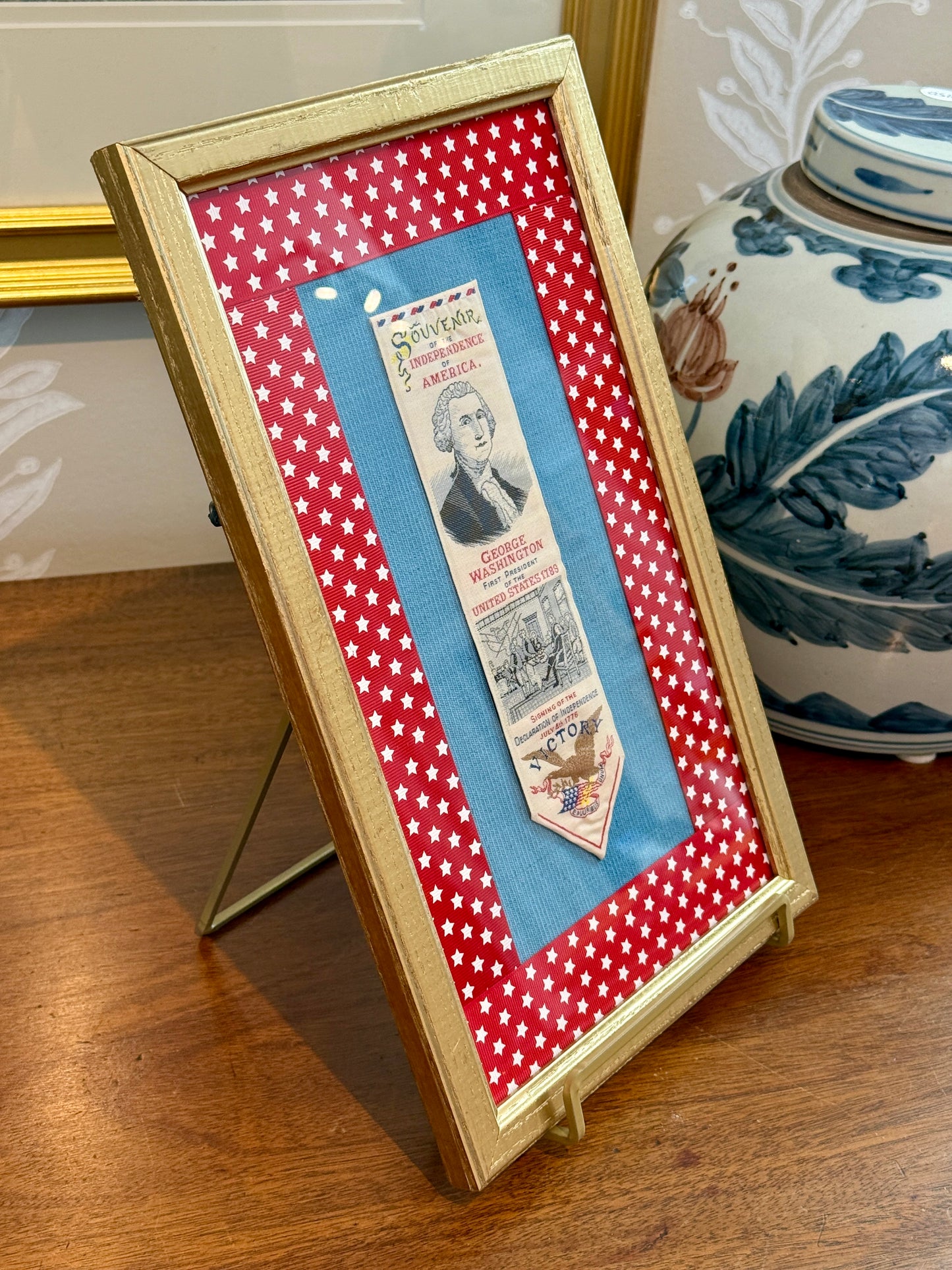George Washingon Declaration of Independence Vintage Woven Bookmark on Blue Twill and Red Stars in Gold Frame