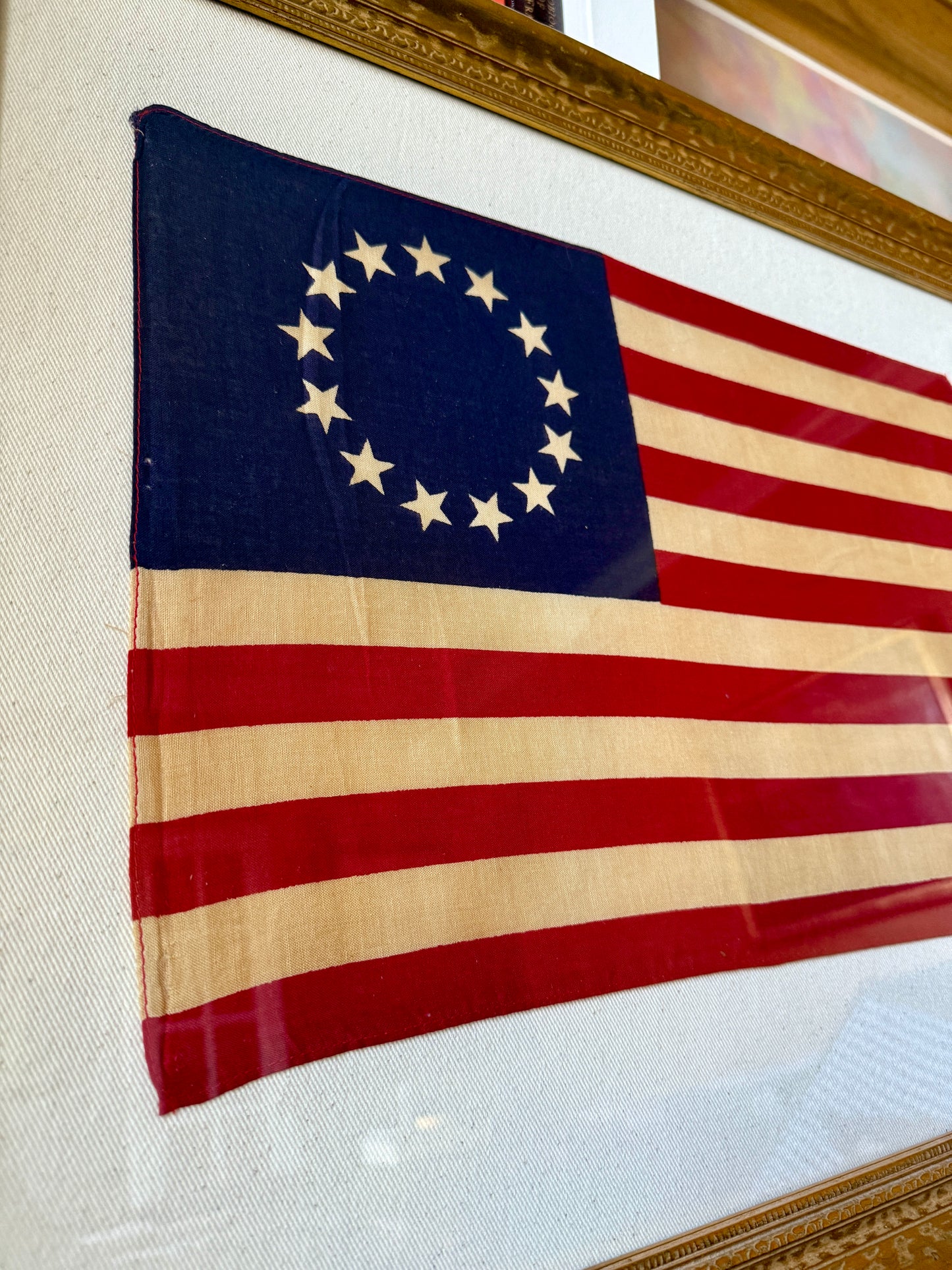 Vintage Betsy Ross 13 Star Flag on Ivory Twill in Vintage Hammered Gold Frame