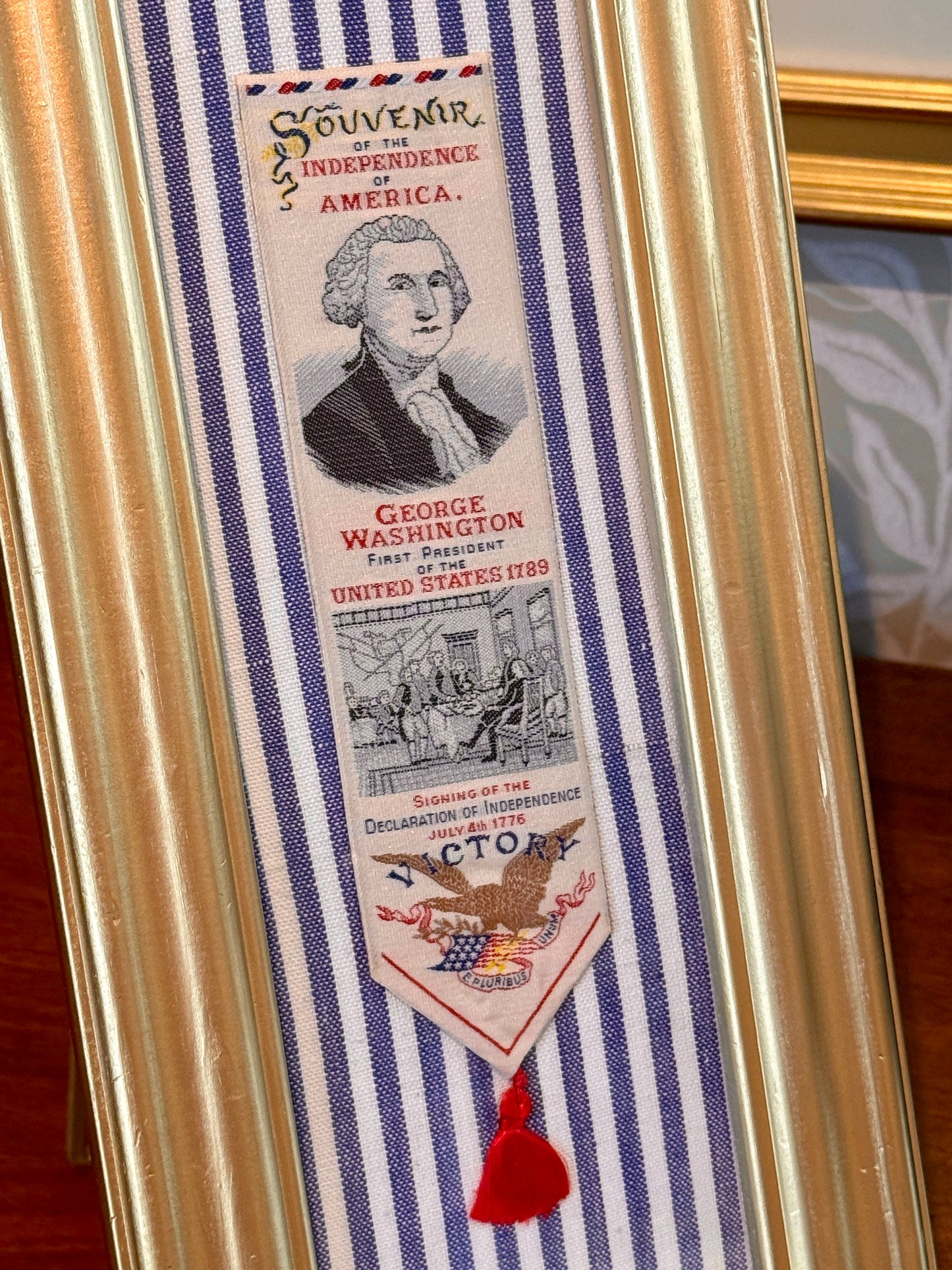 George Washingon Declaration of Independence Vintage Woven Bookmark on Blue Ticking Stripes in Gold Frame