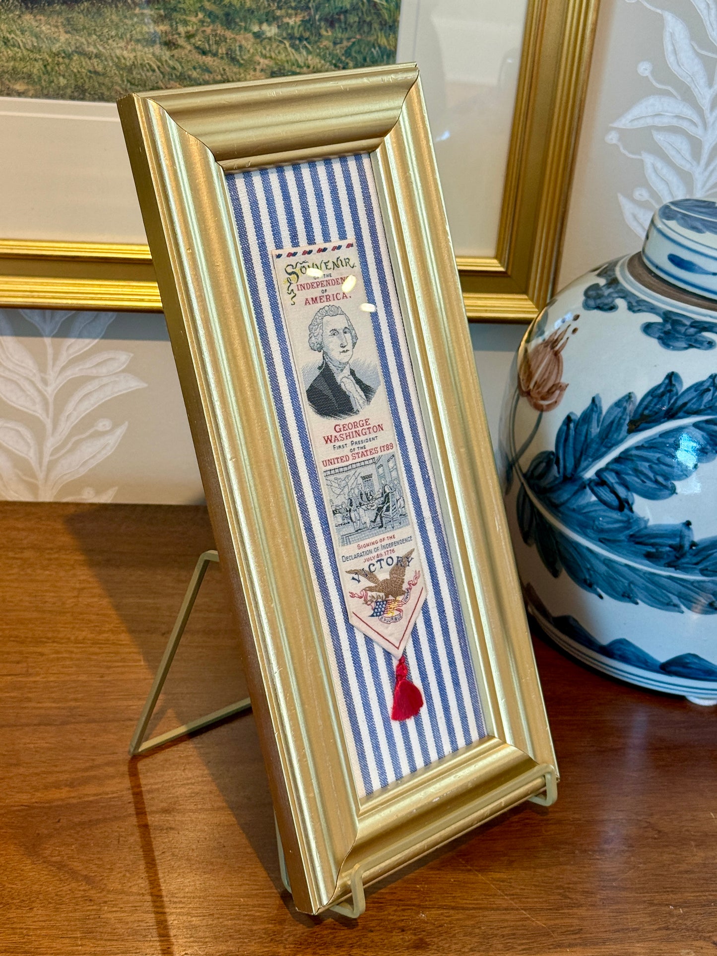George Washingon Declaration of Independence Vintage Woven Bookmark on Blue Ticking Stripes in Gold Frame