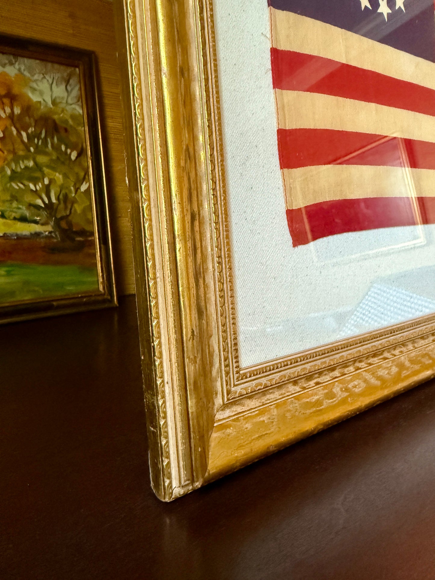 Vintage Betsy Ross 13 Star Flag on Ivory Twill in Vintage Hammered Gold Frame
