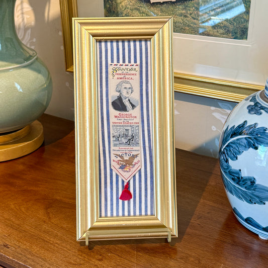 George Washingon Declaration of Independence Vintage Woven Bookmark on Blue Ticking Stripes in Gold Frame