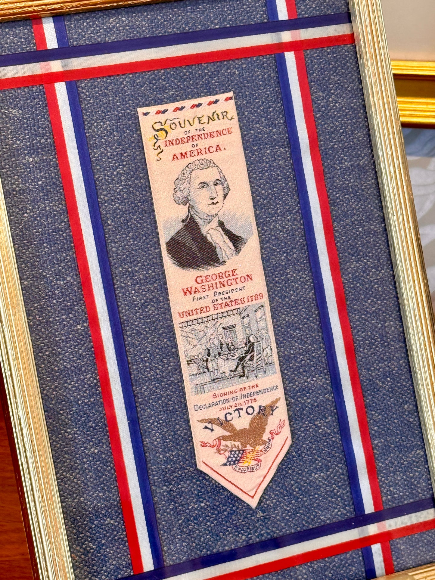 George Washingon Declaration of Independence Vintage Woven Bookmark on Blue Tweed in Gold Frame
