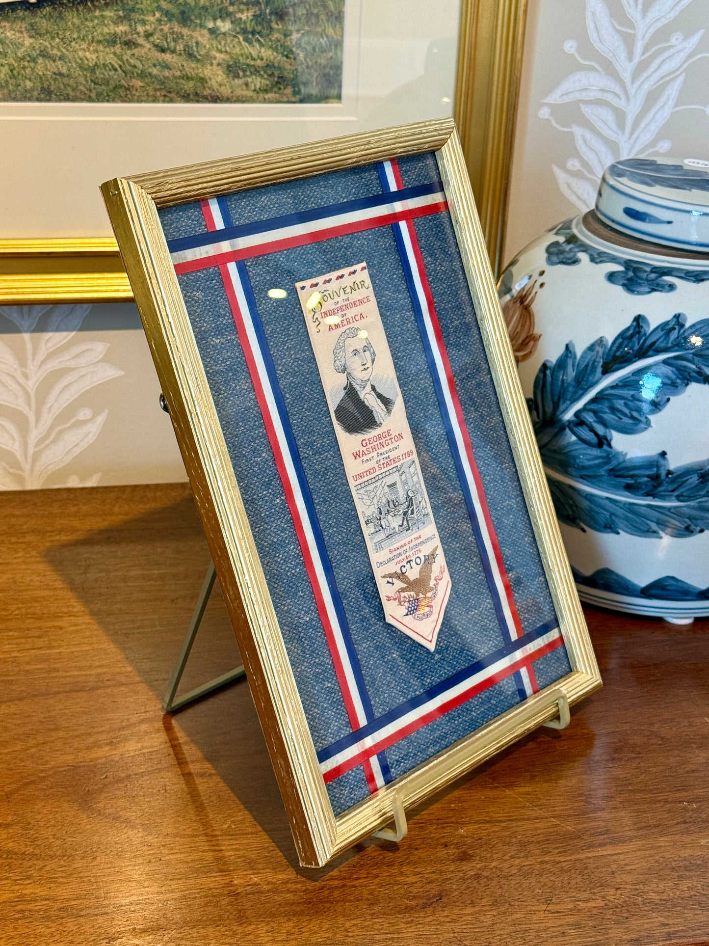 George Washingon Declaration of Independence Vintage Woven Bookmark on Blue Tweed in Gold Frame