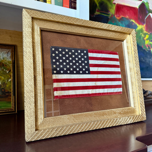 Vintage 50 Star American Flag on Faux Leather in Gold Barnwood Frame