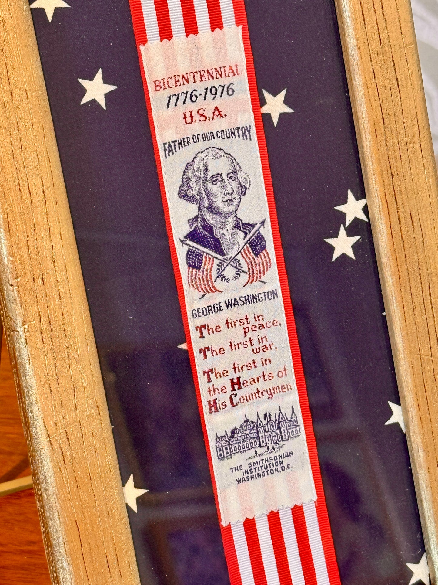 George Washingon Bicentennial Vintage Woven Smithsonian Bookmark on Navy Stars in Gold Frame