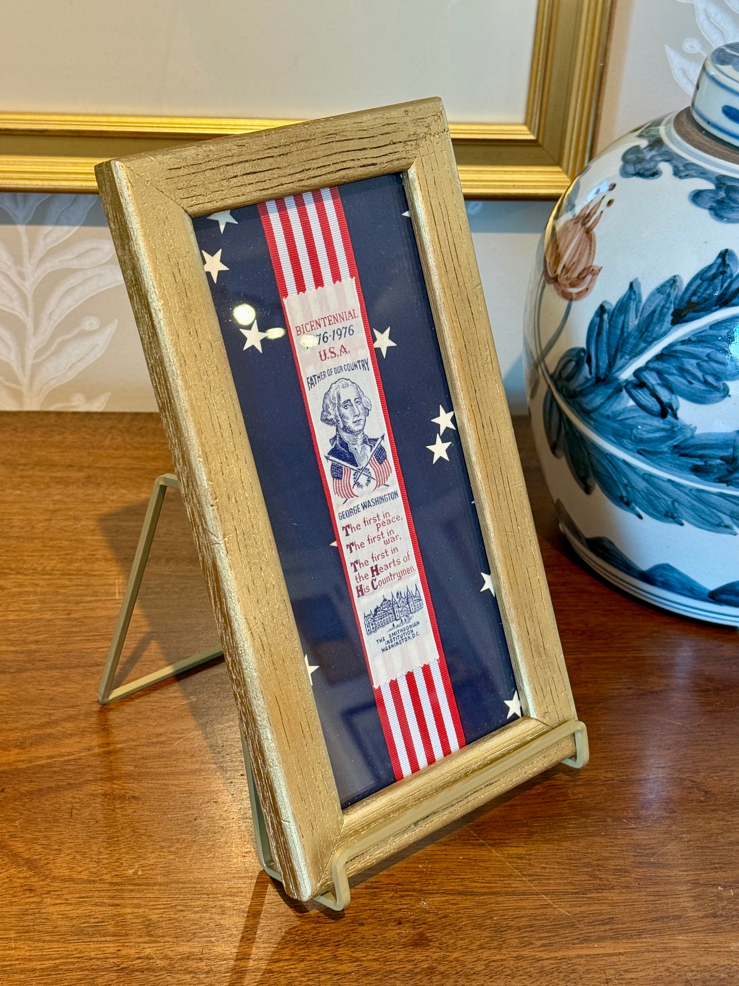 George Washingon Bicentennial Vintage Woven Smithsonian Bookmark on Navy Stars in Gold Frame
