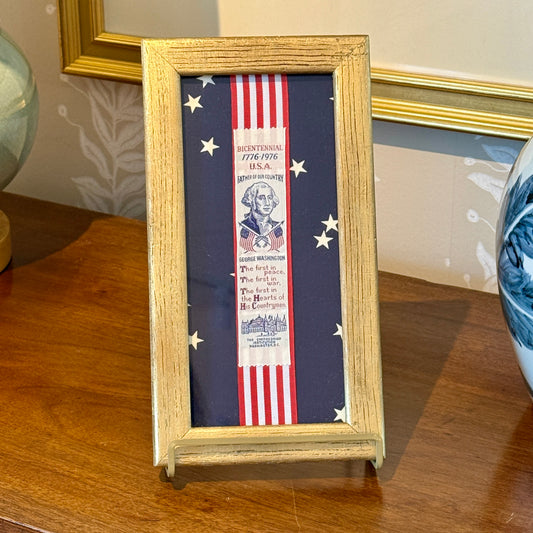George Washingon Bicentennial Vintage Woven Smithsonian Bookmark on Navy Stars in Gold Frame