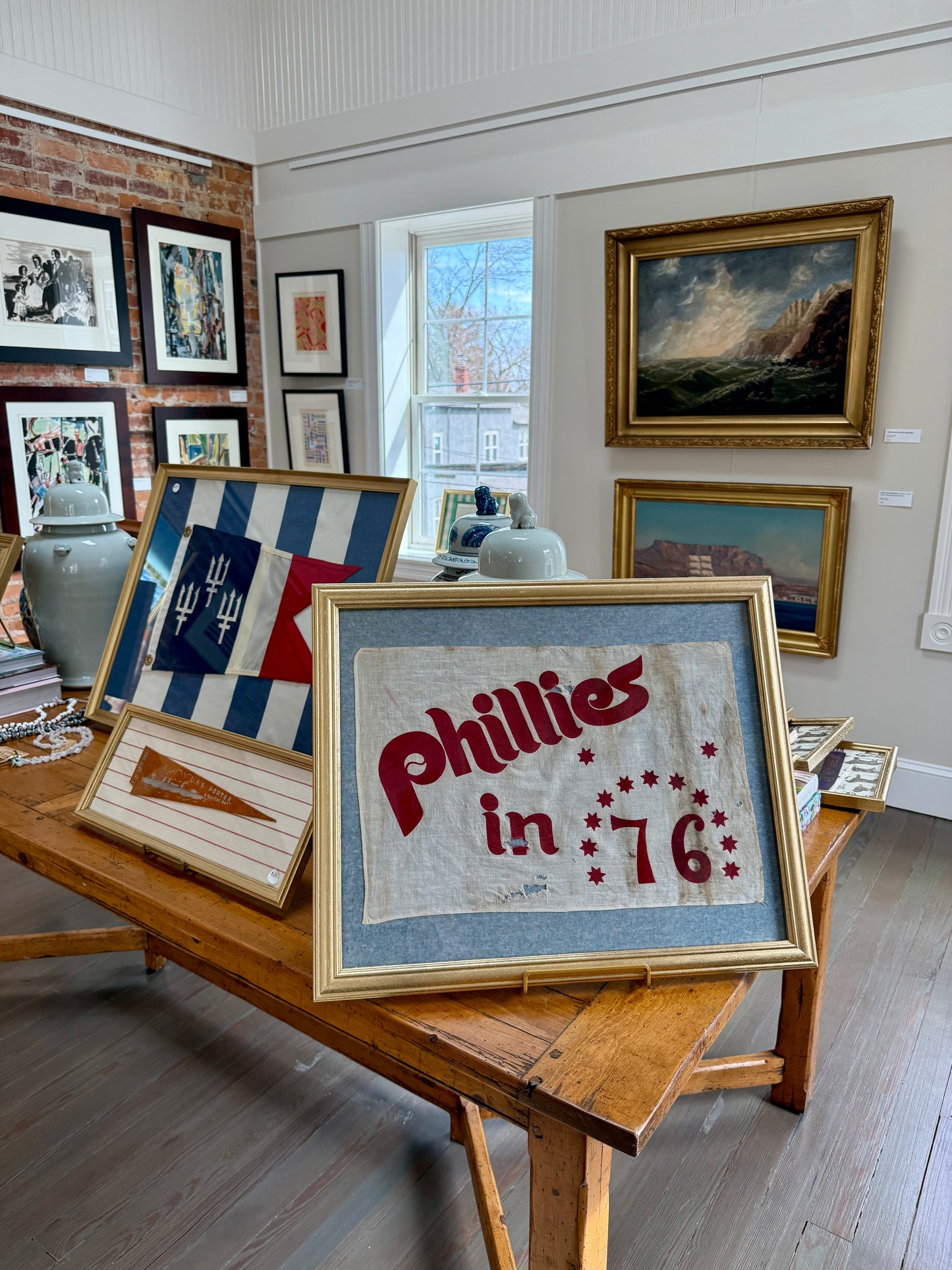 Vintage Philadelphia Phillies Baseball 1976 Bicentennial Flag on Blue Chambray in Gold Frame