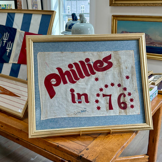 Vintage Philadelphia Phillies Baseball 1976 Bicentennial Flag on Blue Chambray in Gold Frame