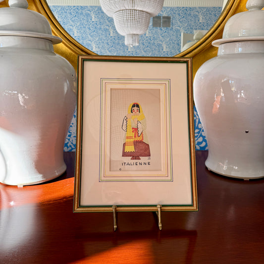 Italienne Vintage Folk Portrait of a Woman Watercolor in Green and Gold Frame