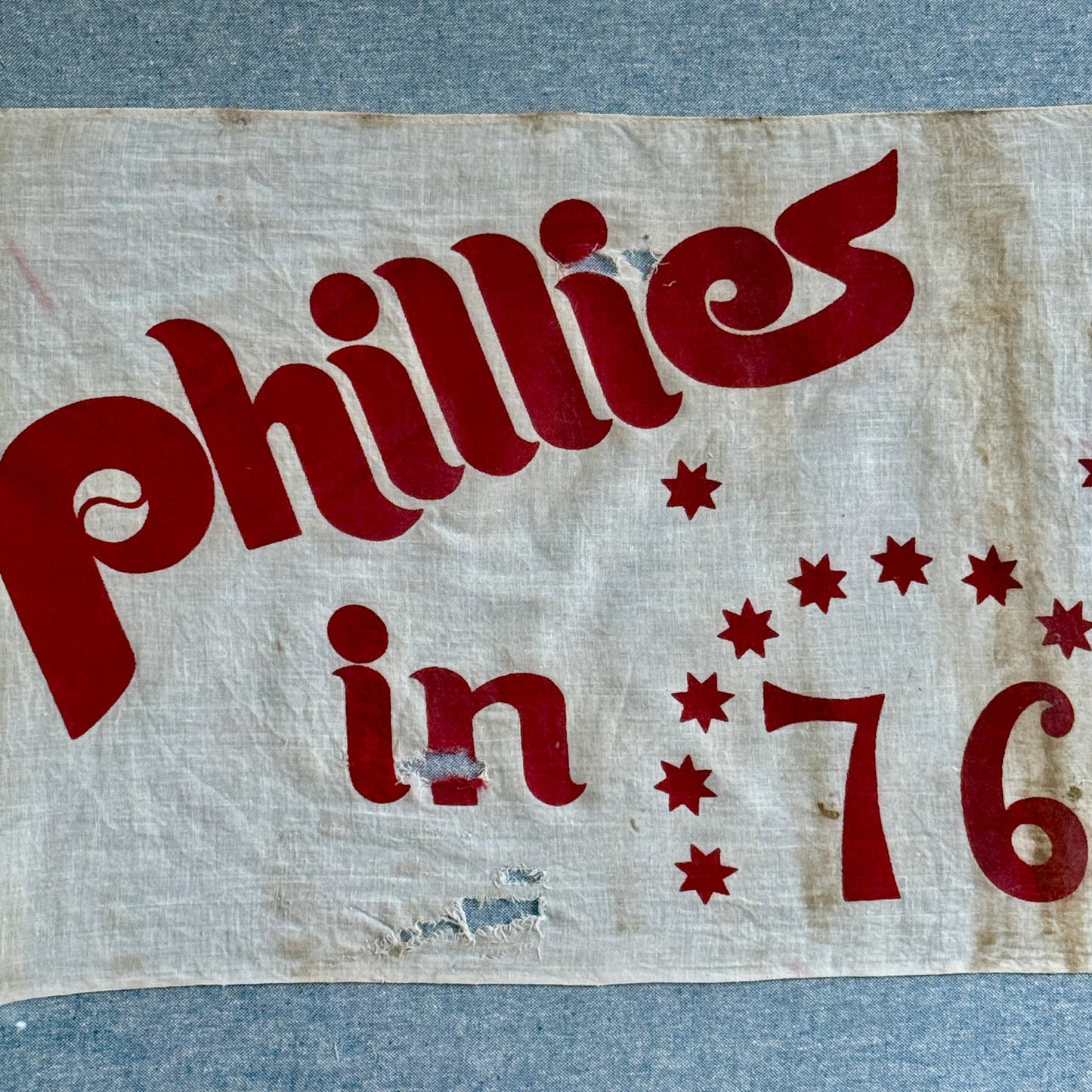 Vintage Philadelphia Phillies Baseball 1976 Bicentennial Flag on Blue Chambray in Gold Frame