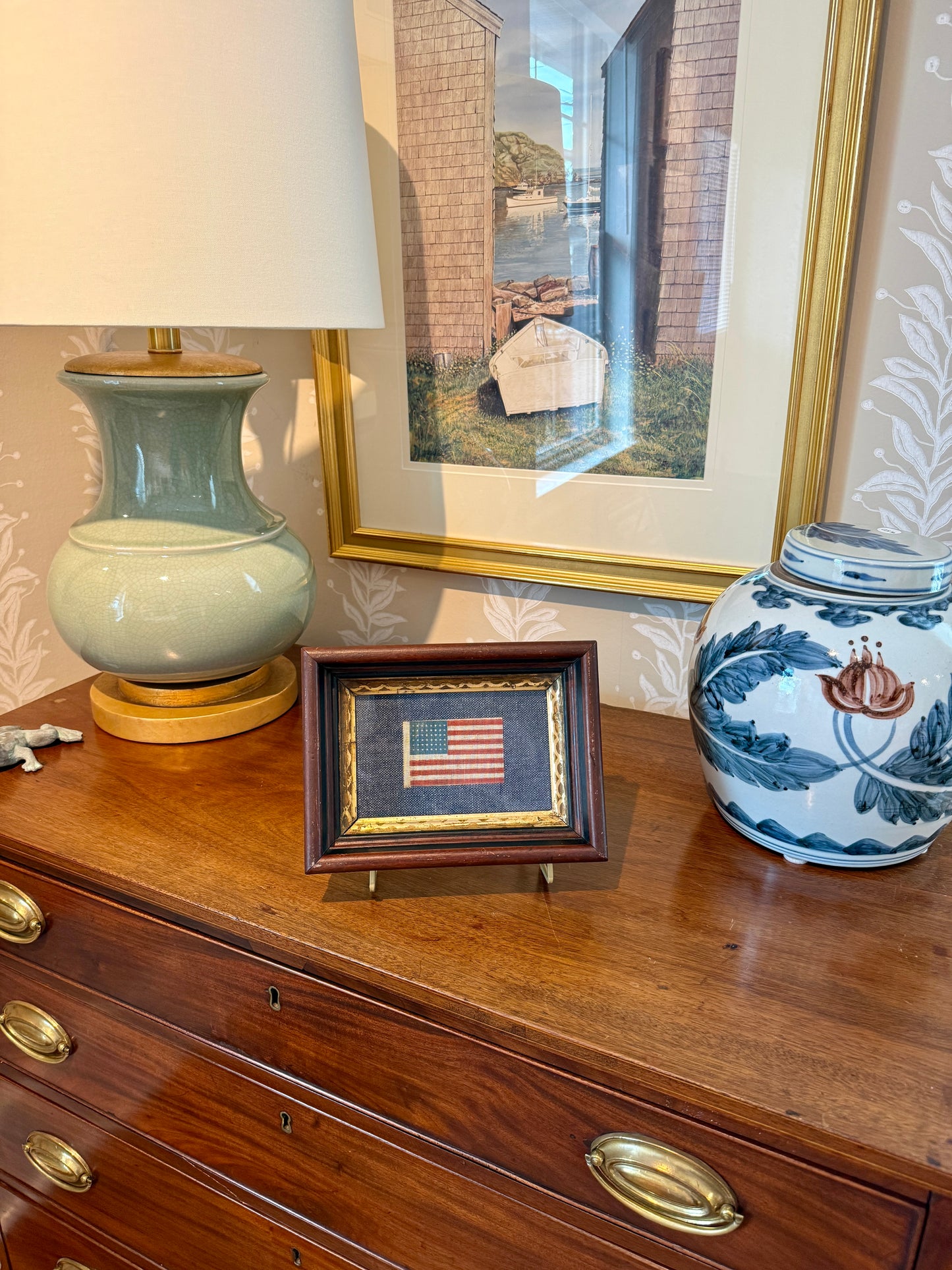Antique 48 Star Glazed Cotton Parade Flag in 19th Century Deep Walnnut and Gilded Frame