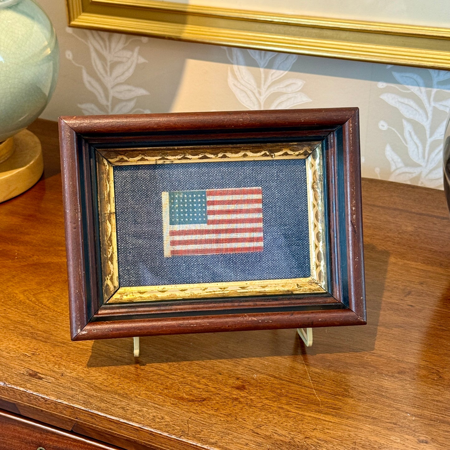 Antique 48 Star Glazed Cotton Parade Flag in 19th Century Deep Walnnut and Gilded Frame