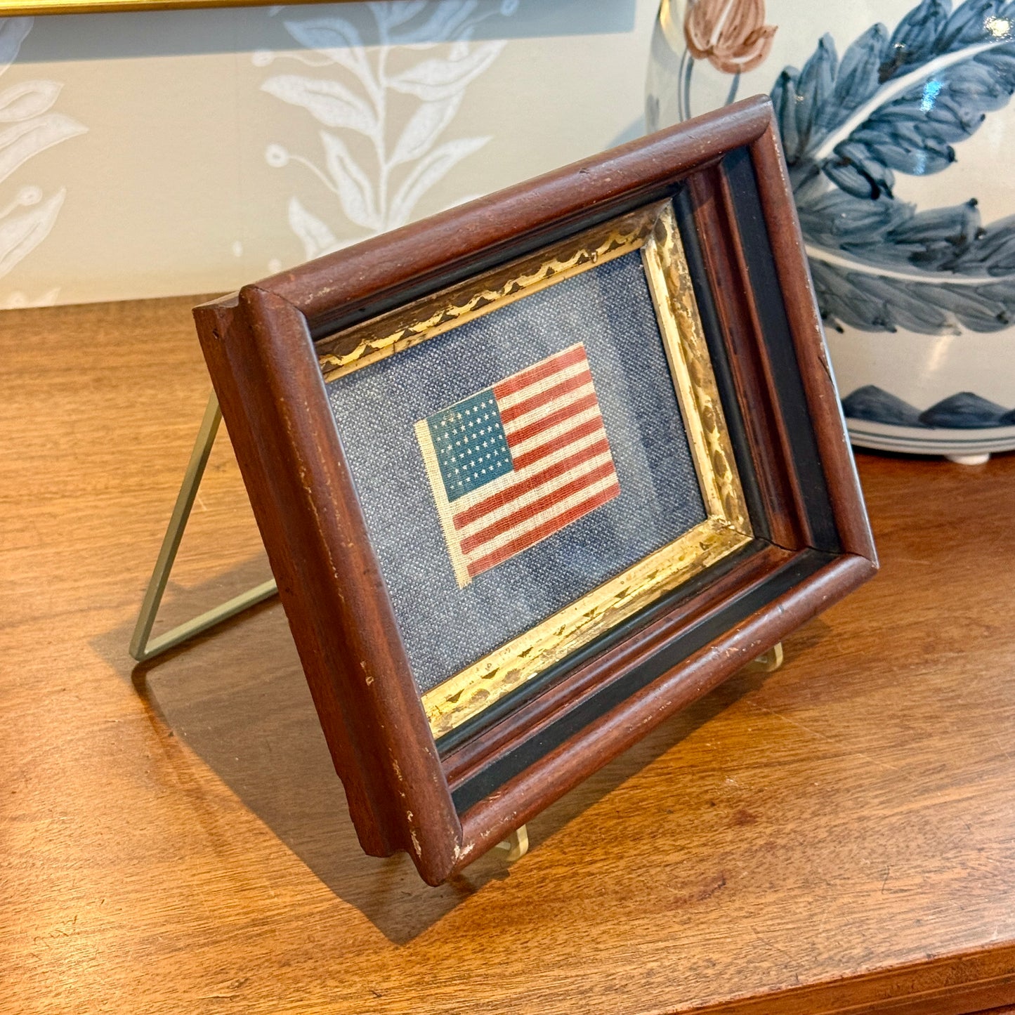 Antique 48 Star Glazed Cotton Parade Flag in 19th Century Deep Walnnut and Gilded Frame