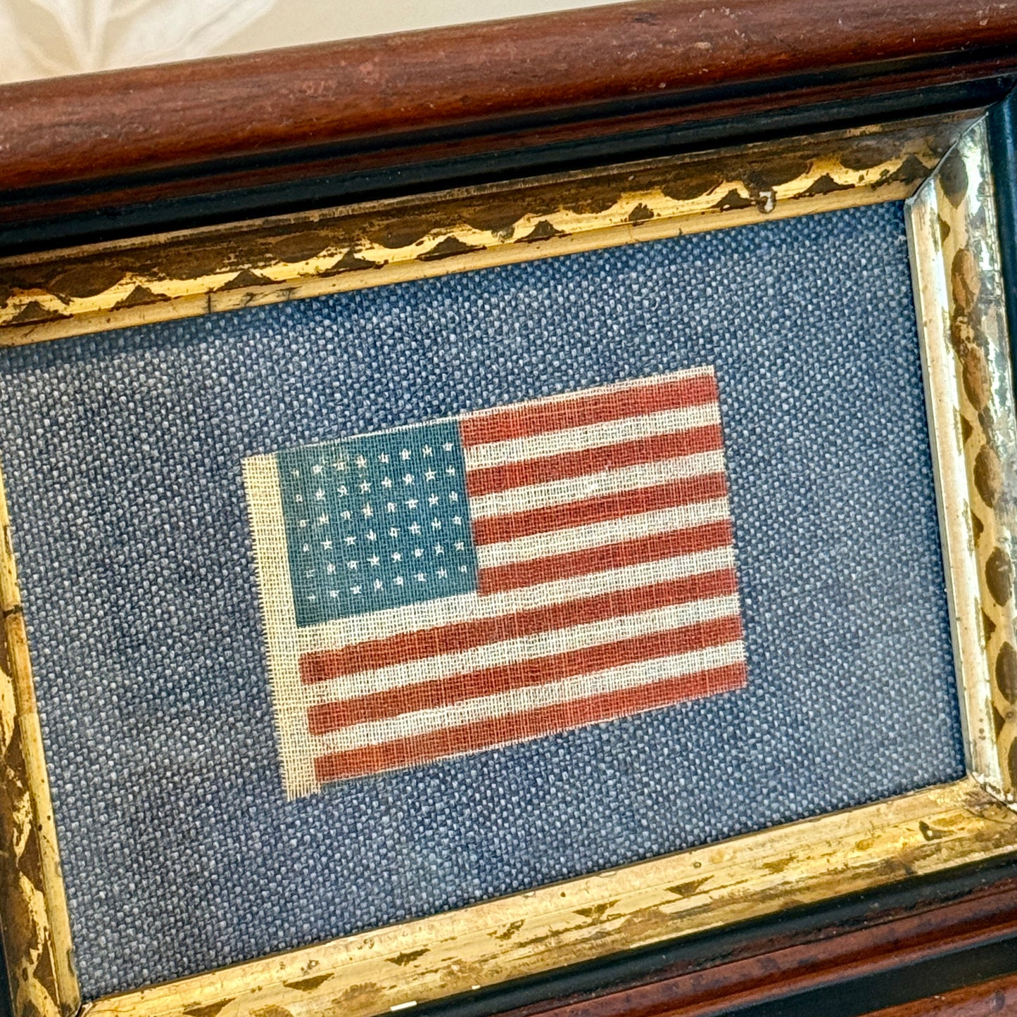 Antique 48 Star Glazed Cotton Parade Flag in 19th Century Deep Walnnut and Gilded Frame