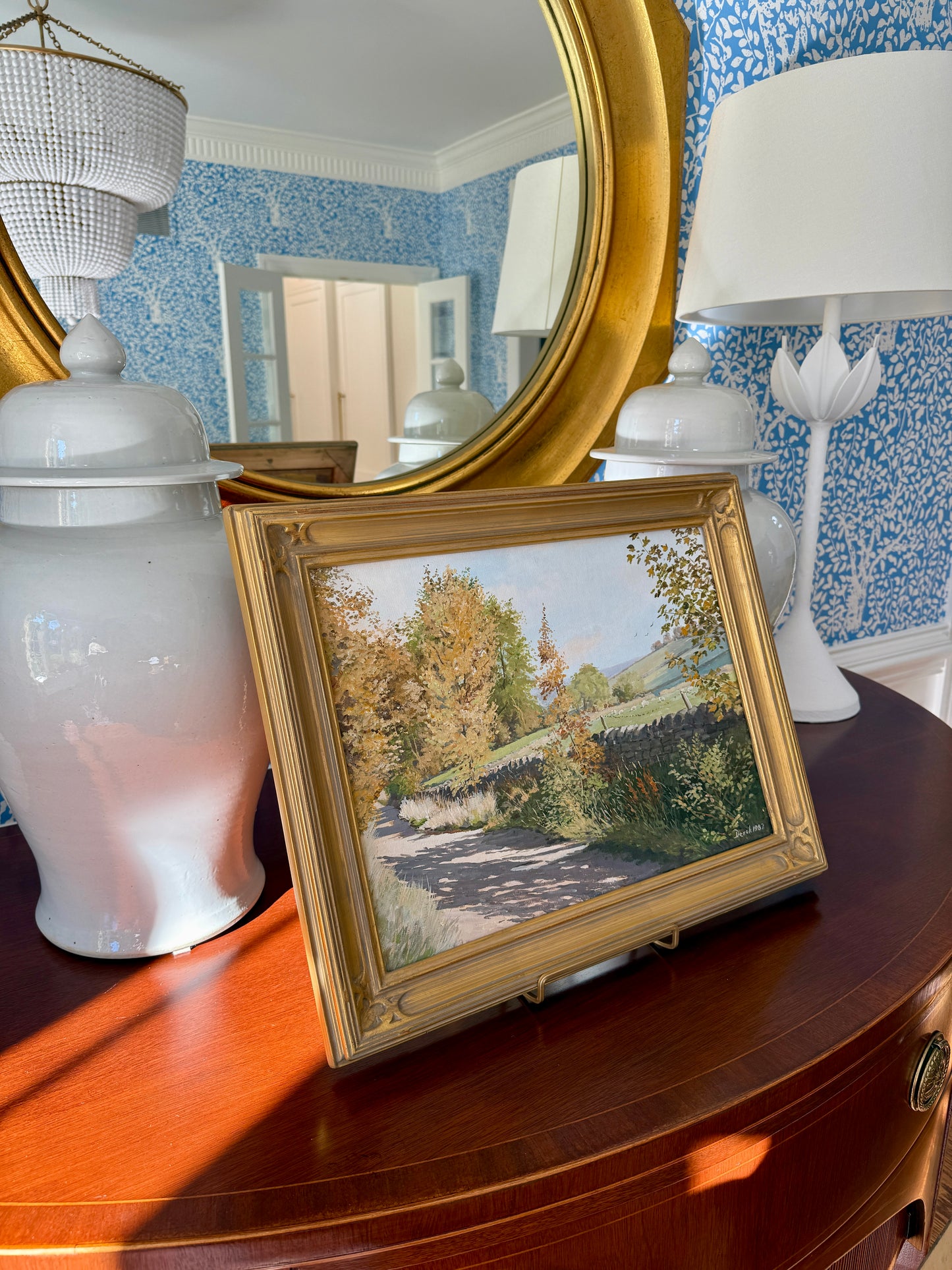 October Shadows Farm Landscape with Sheep Painting in Gold Frame