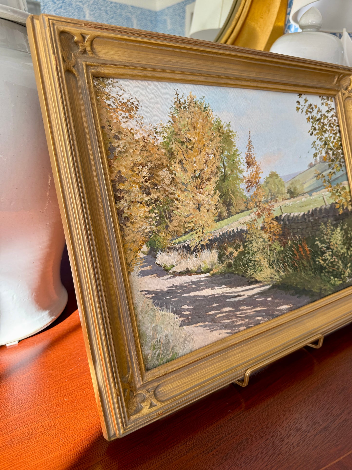 October Shadows Farm Landscape with Sheep Painting in Gold Frame