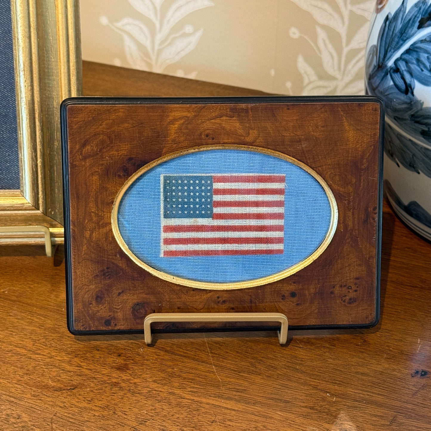 Antique 48 Star Glazed Cotton American Parade Flag on Light Blue Twill in Burlwood Frame