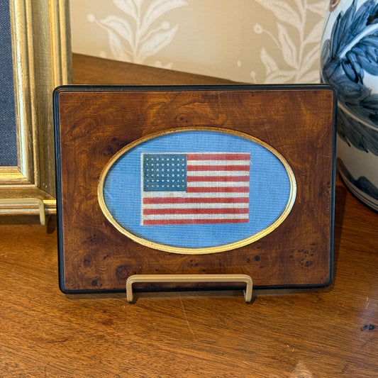 Antique 48 Star Glazed Cotton American Parade Flag on Light Blue Twill in Burlwood Frame