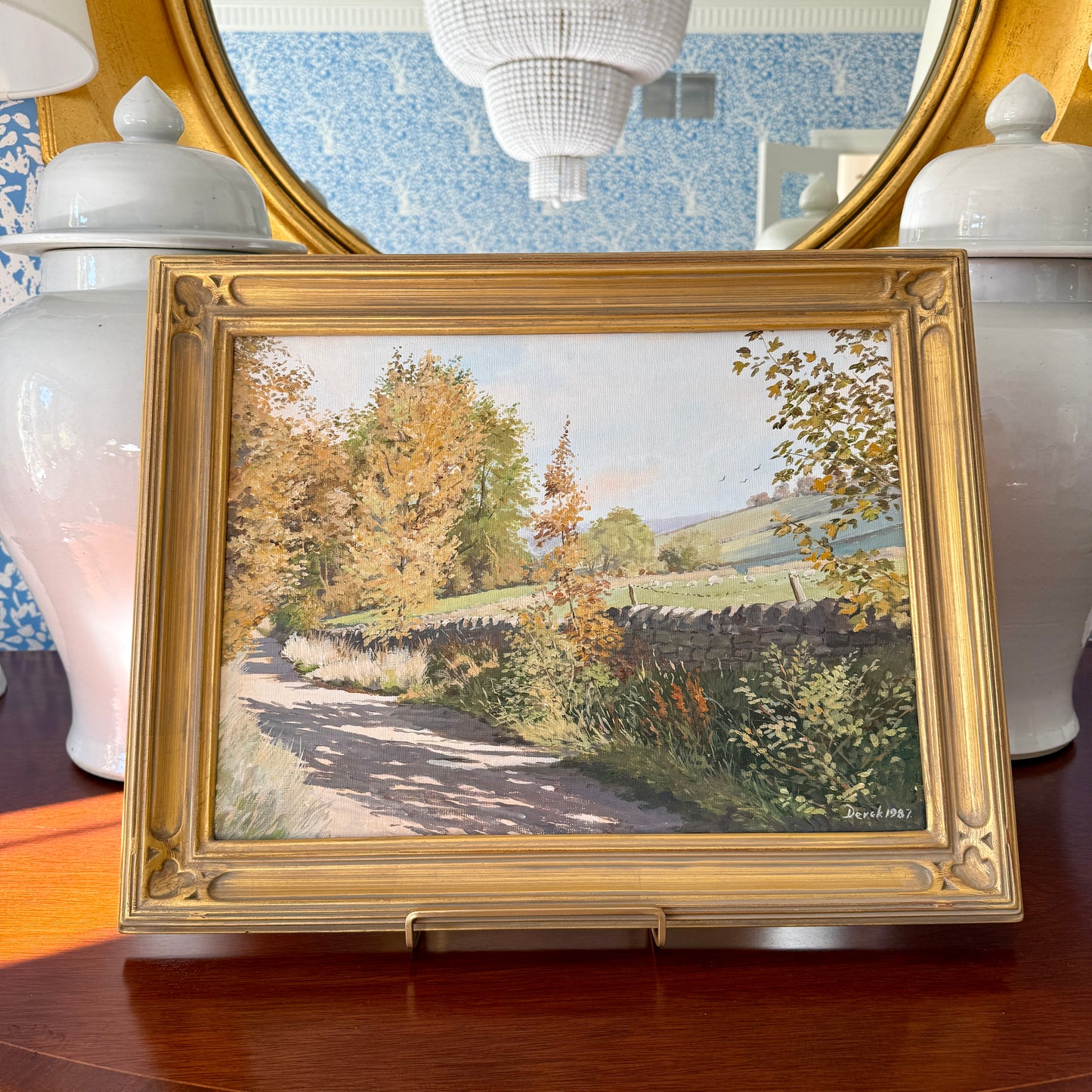 October Shadows Farm Landscape with Sheep Painting in Gold Frame