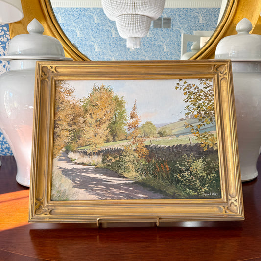 October Shadows Farm Landscape with Sheep Painting in Gold Frame