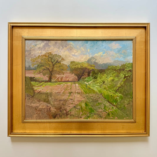 Vintage Impressionist Sunny Spring Farm Landscape Oil Painting in Gold Frame