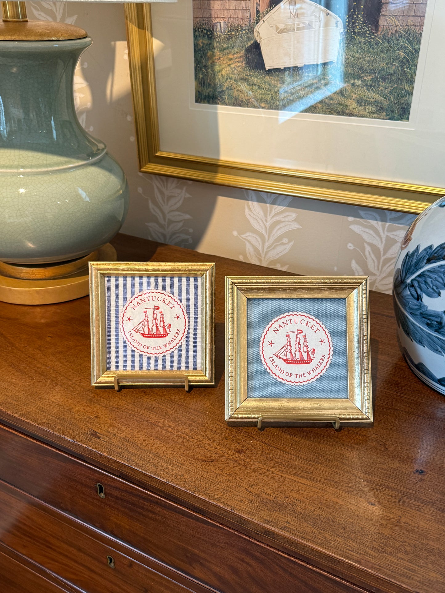 Nantucket Island of the Whalers Vintage 1950s Cocktail Napkin on Light Blue Twill in Gold Frame