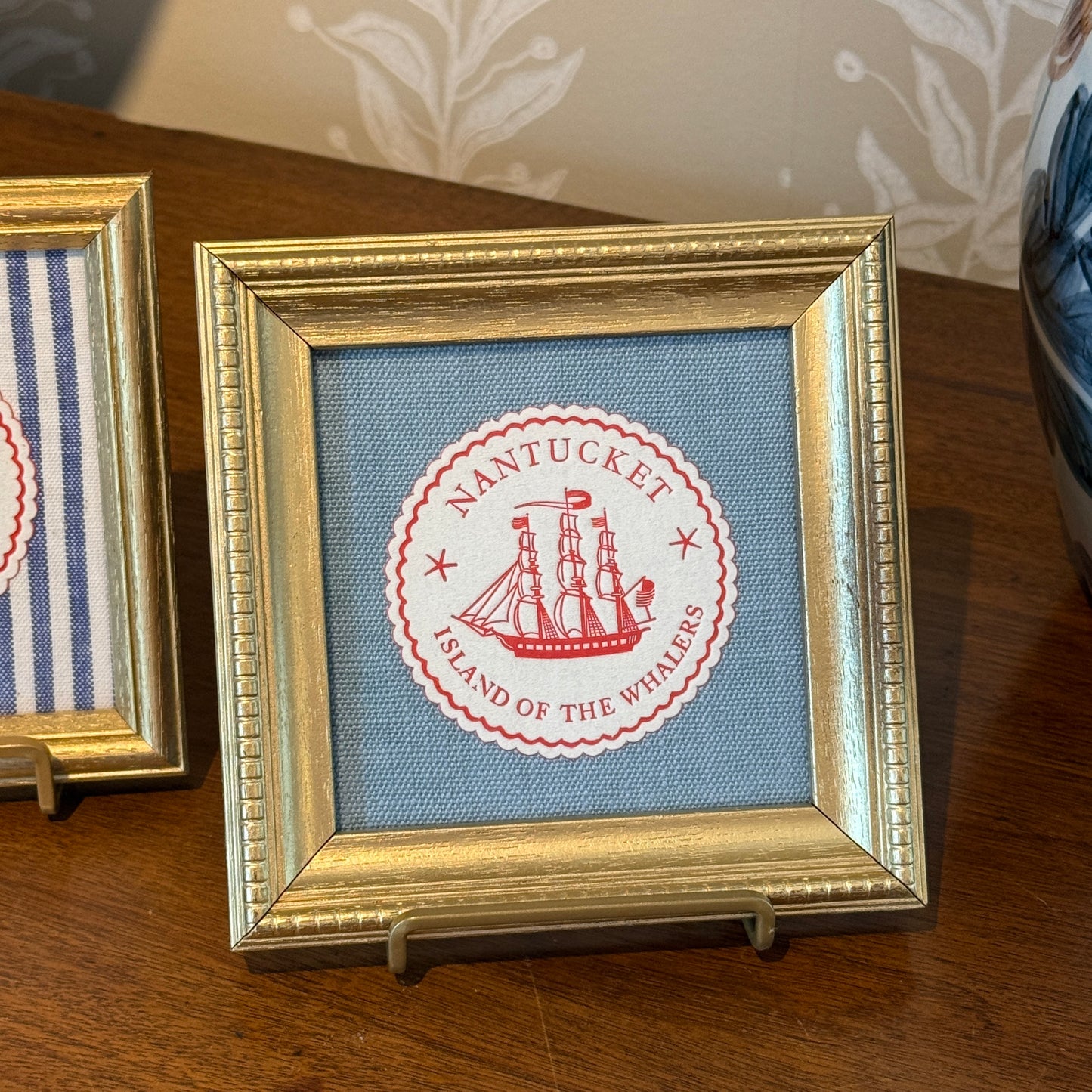 Nantucket Island of the Whalers Vintage 1950s Cocktail Napkin on Light Blue Twill in Gold Frame