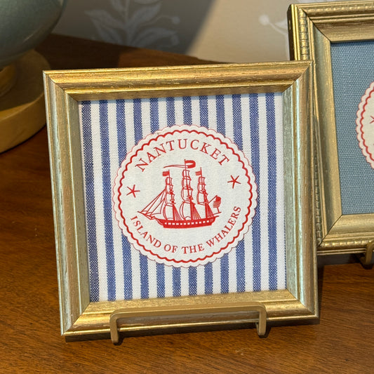Nantucket Island of the Whalers Vintage 1950s Cocktail Napkin on Blue Ticking Stripes in Gold Frame
