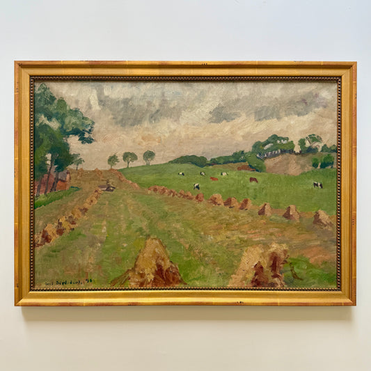 1940 Cows in Country Landscape Modernist Oil Painting in Gold Frame