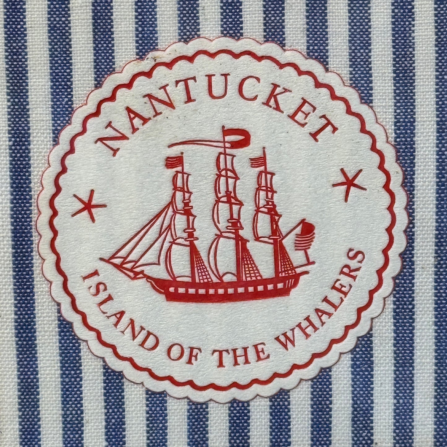 Nantucket Island of the Whalers Vintage 1950s Cocktail Napkin on Blue Ticking Stripes in Gold Frame