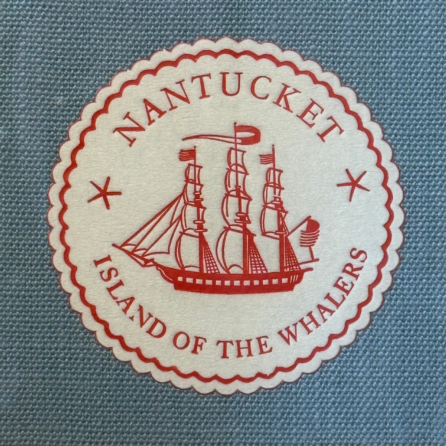 Nantucket Island of the Whalers Vintage 1950s Cocktail Napkin on Light Blue Twill in Gold Frame